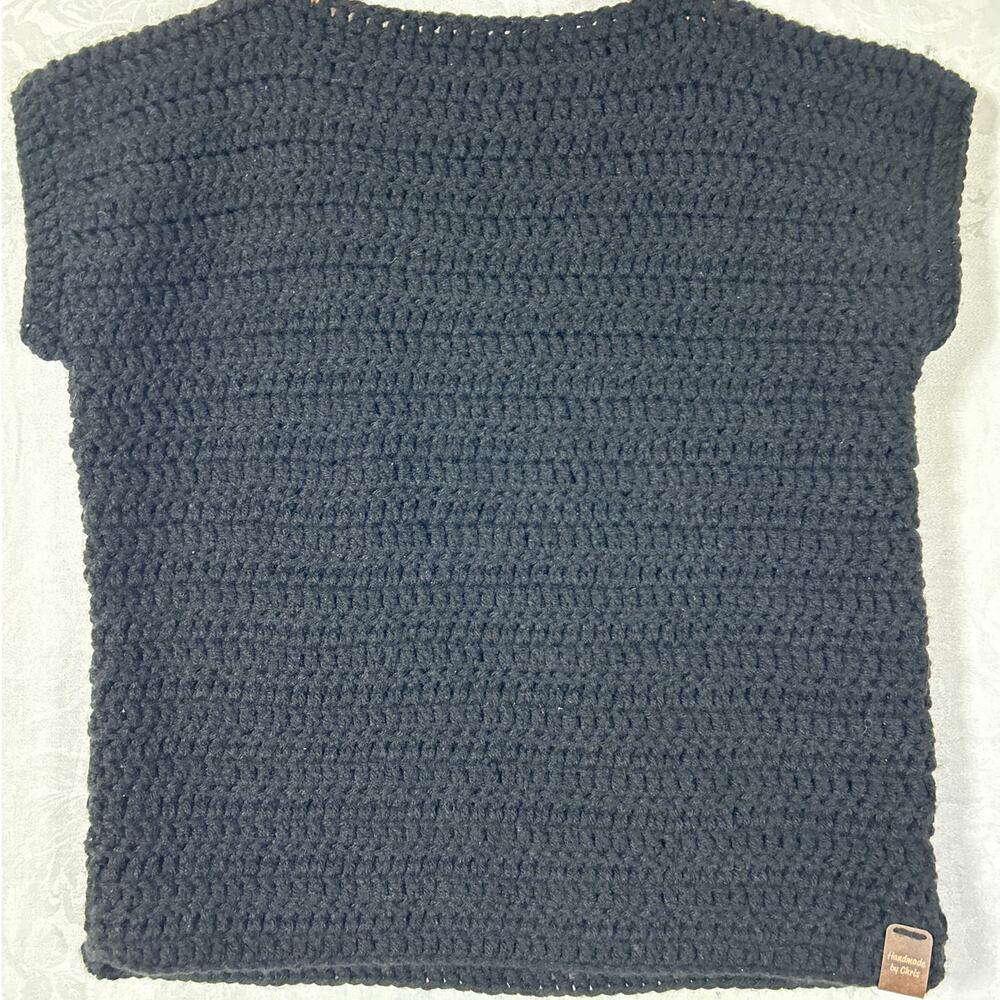 Handmade Sweater Small Black Crochet Open Boxy Boat Neck Cap Sleeve